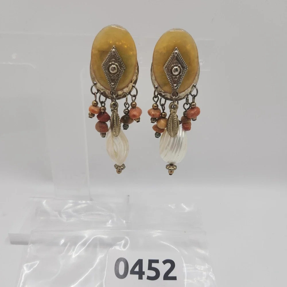Vintage Boho Mother of Pearl Stone Beaded Dangle Clip On Earrings Yellow Tribal